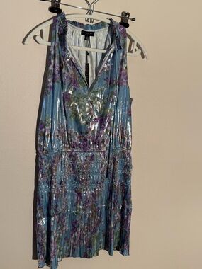 Current Air Shimmery Blue Floral V-Neck Mini Dress